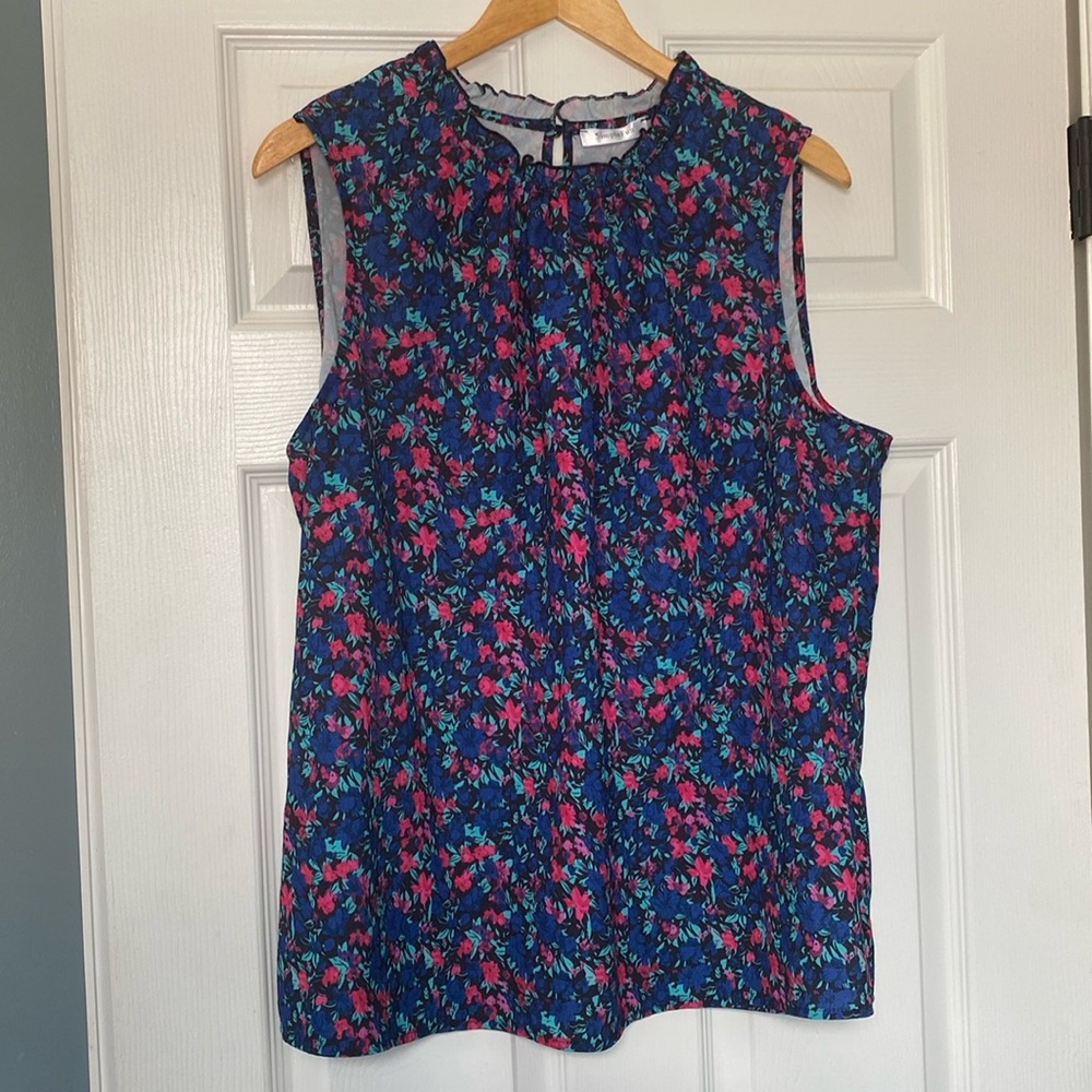 SimpleFun Womens Tank Tops Ruffle High Neck Pleated Floral Sleeveless Blouse